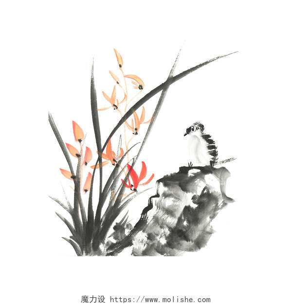彩色手绘水墨风中国风兰花植物元素PNG素材水墨元素